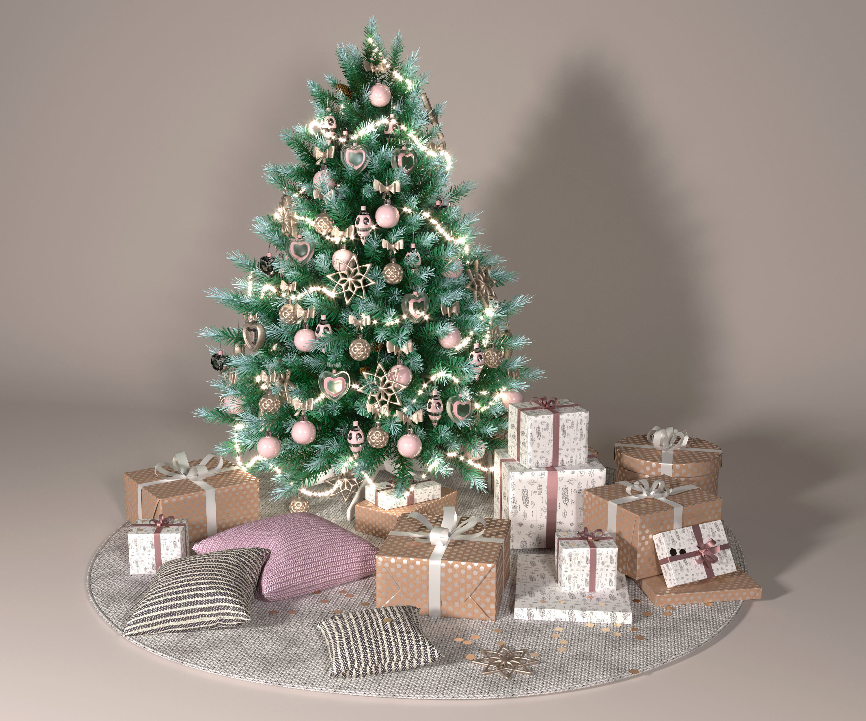 Realistic Christmas tree with gift boxes 3D model_8