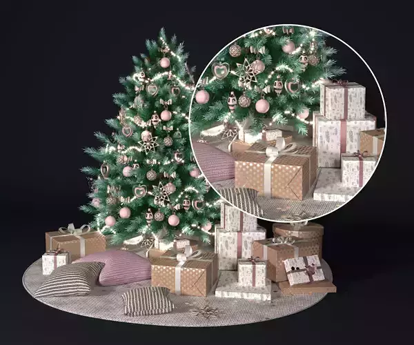 Realistic Christmas tree with gift boxes