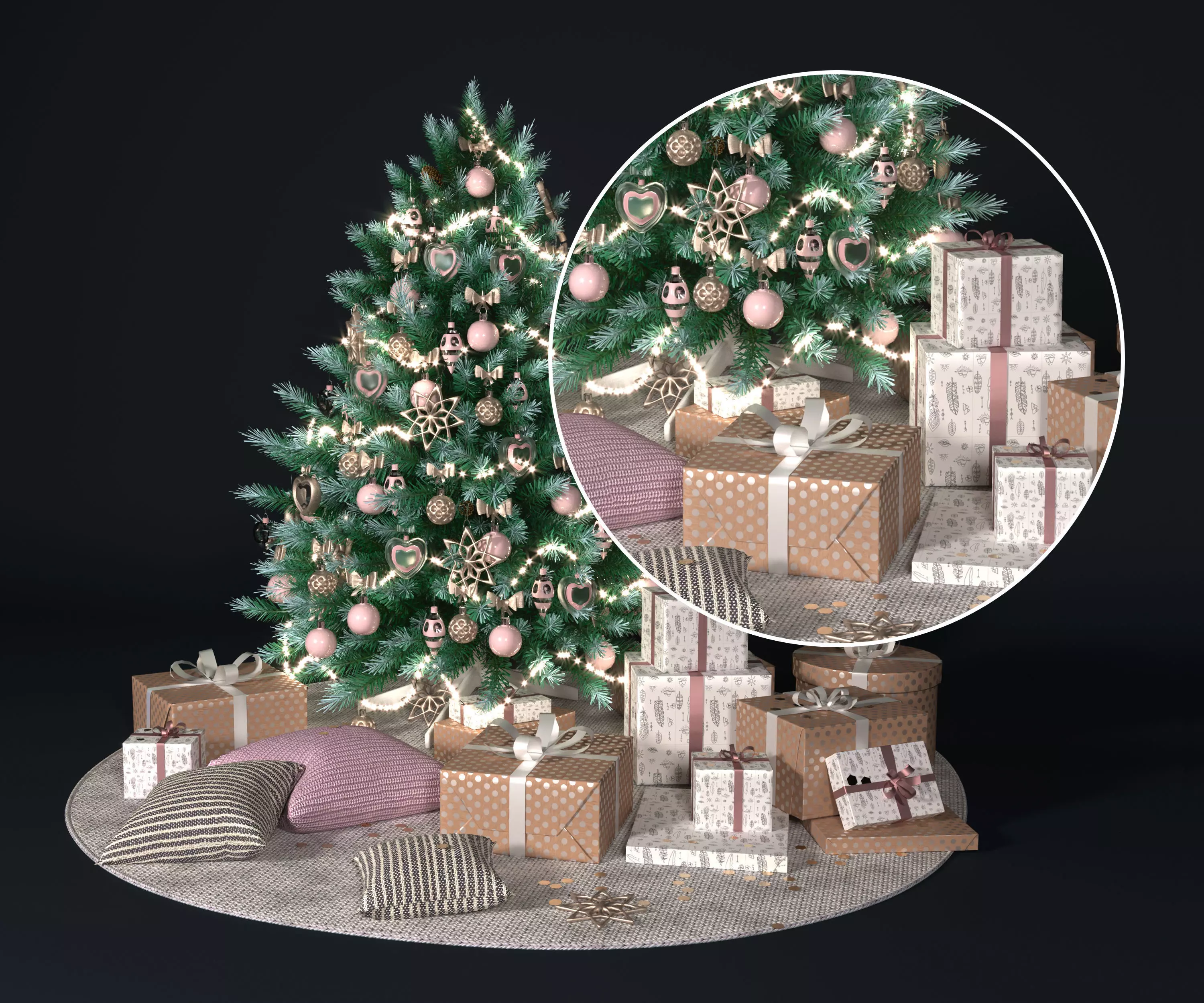 Realistic Christmas tree with gift boxes 3D model_0