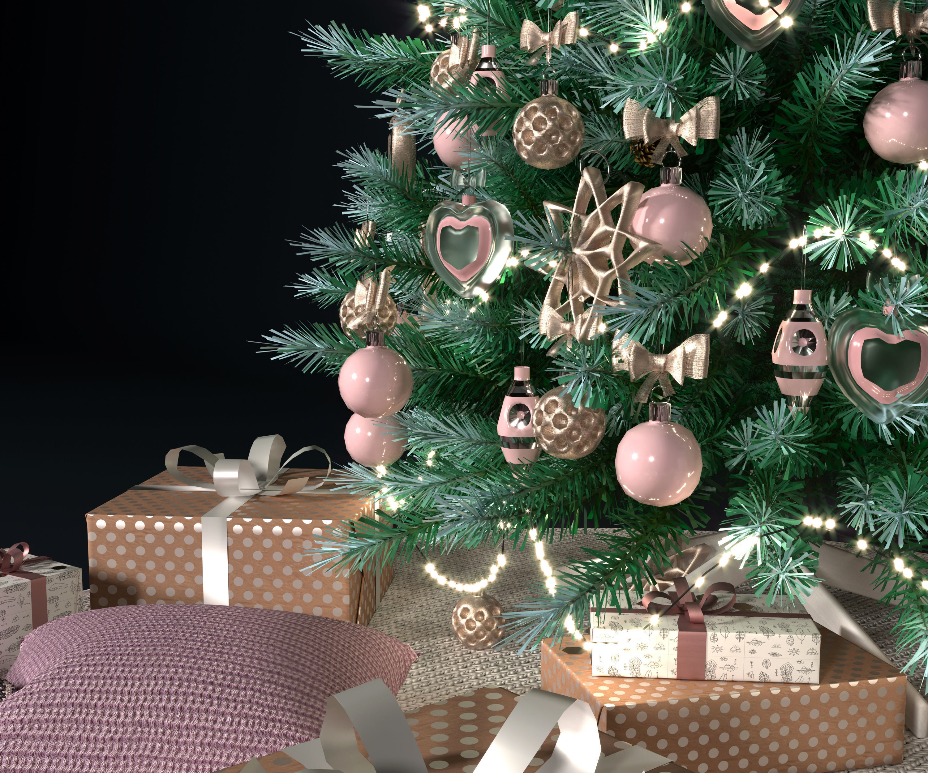 Realistic Christmas tree with gift boxes 3D model_3