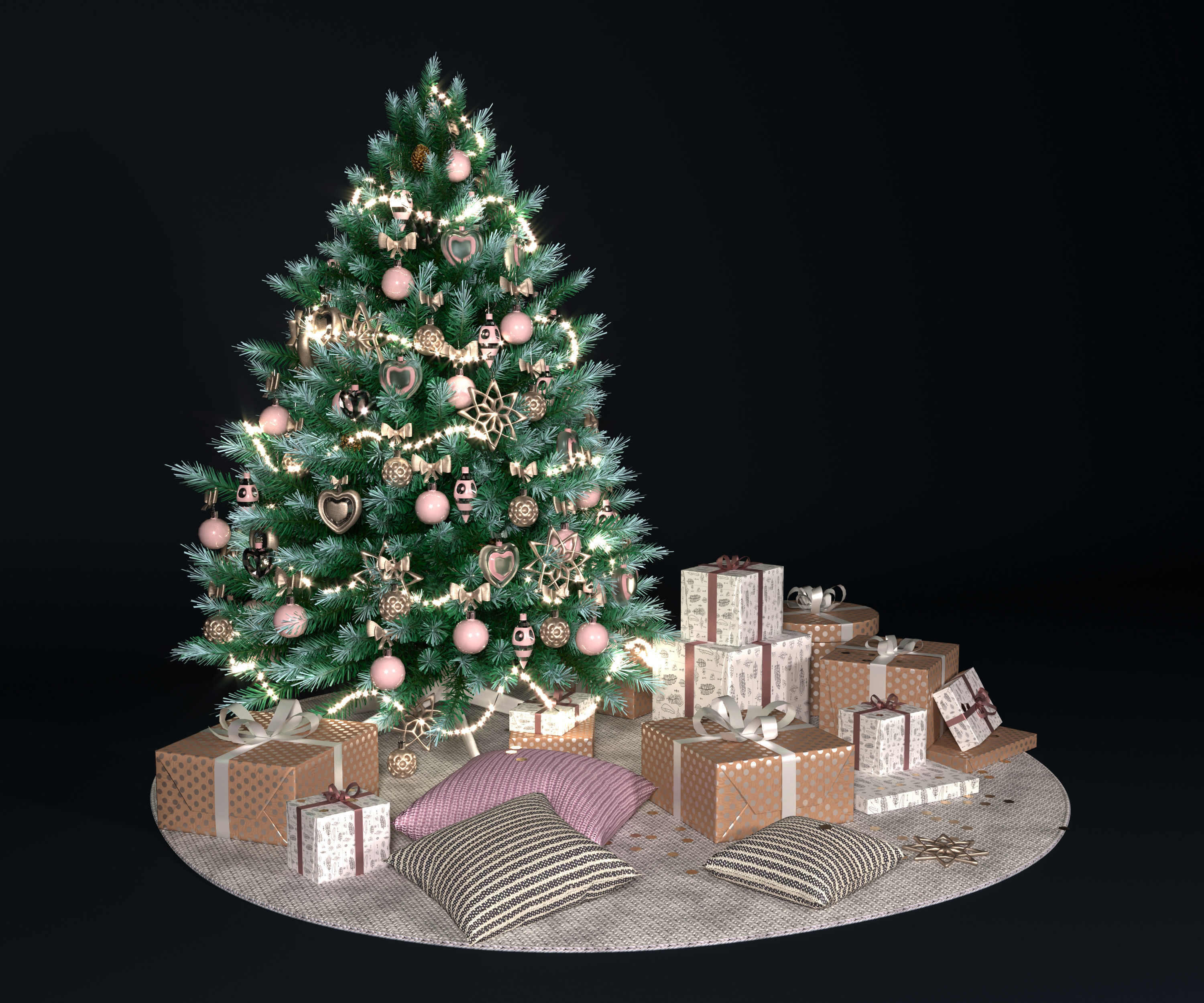 Realistic Christmas tree with gift boxes 3D model_6