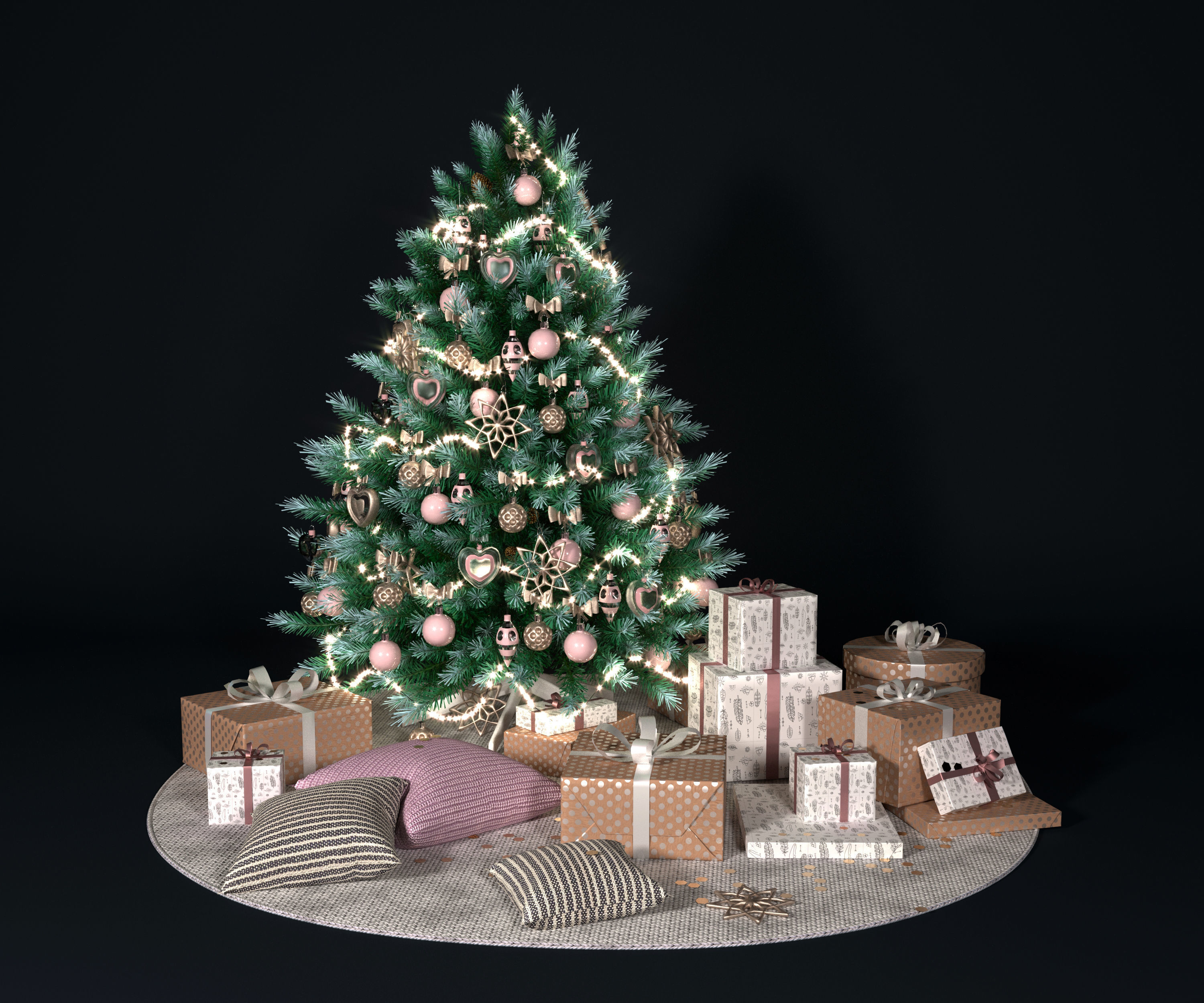 Realistic Christmas tree with gift boxes 3D model_13