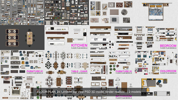 FLOOR PLAN 2d furniture top view PSD 3D model render realistic   3D Model Collection