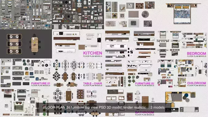 FLOOR PLAN 2d furniture top view PSD 3D model render realistic   3D Model Collection