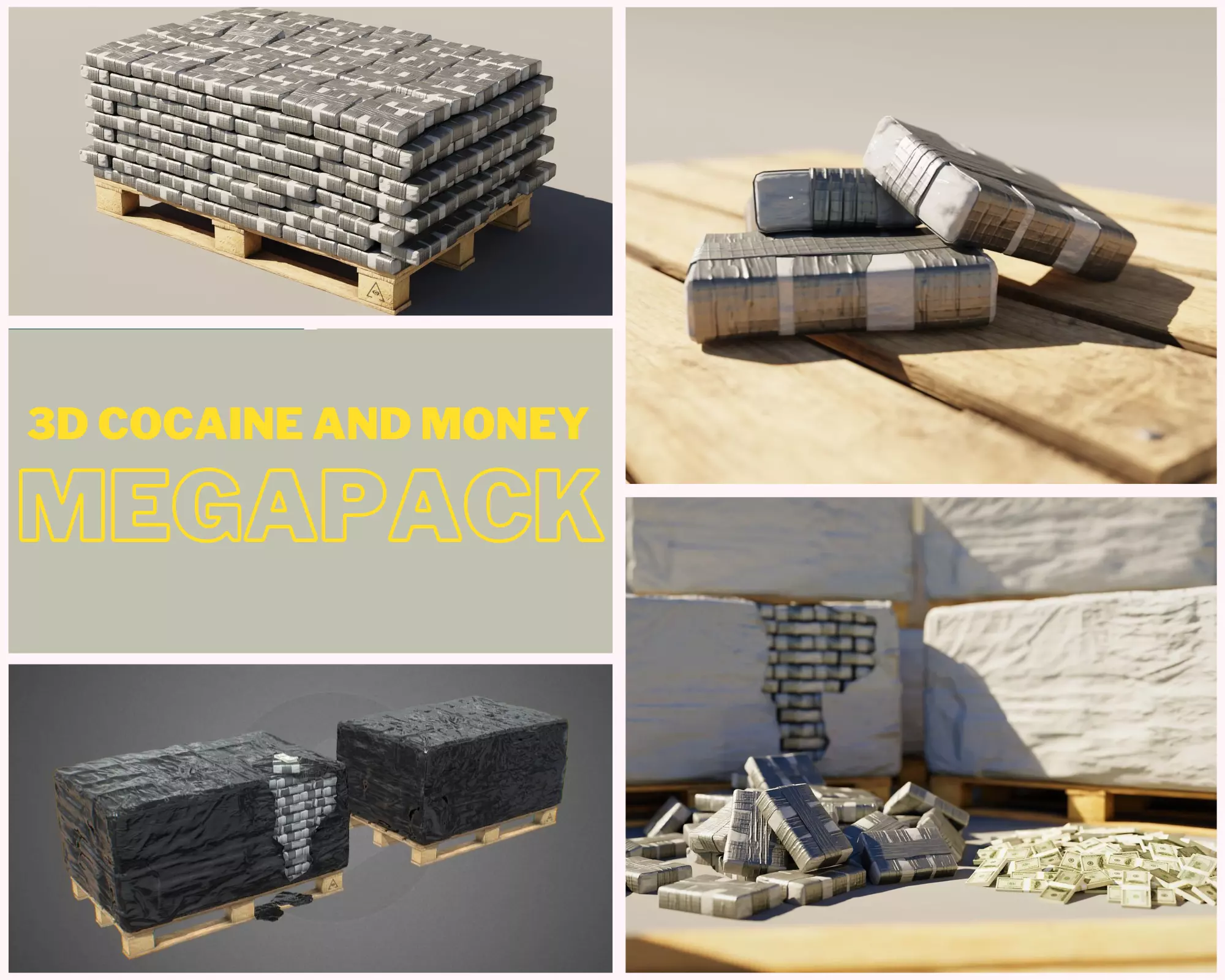 Cocaine and Money Pack Low-poly 3D model_0