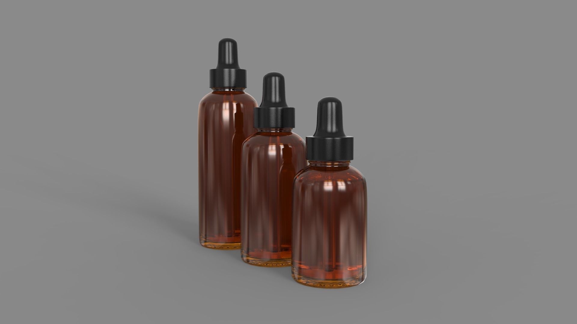 Amber Glass Bottles with Dropers - 3 Sizes 3D model_2