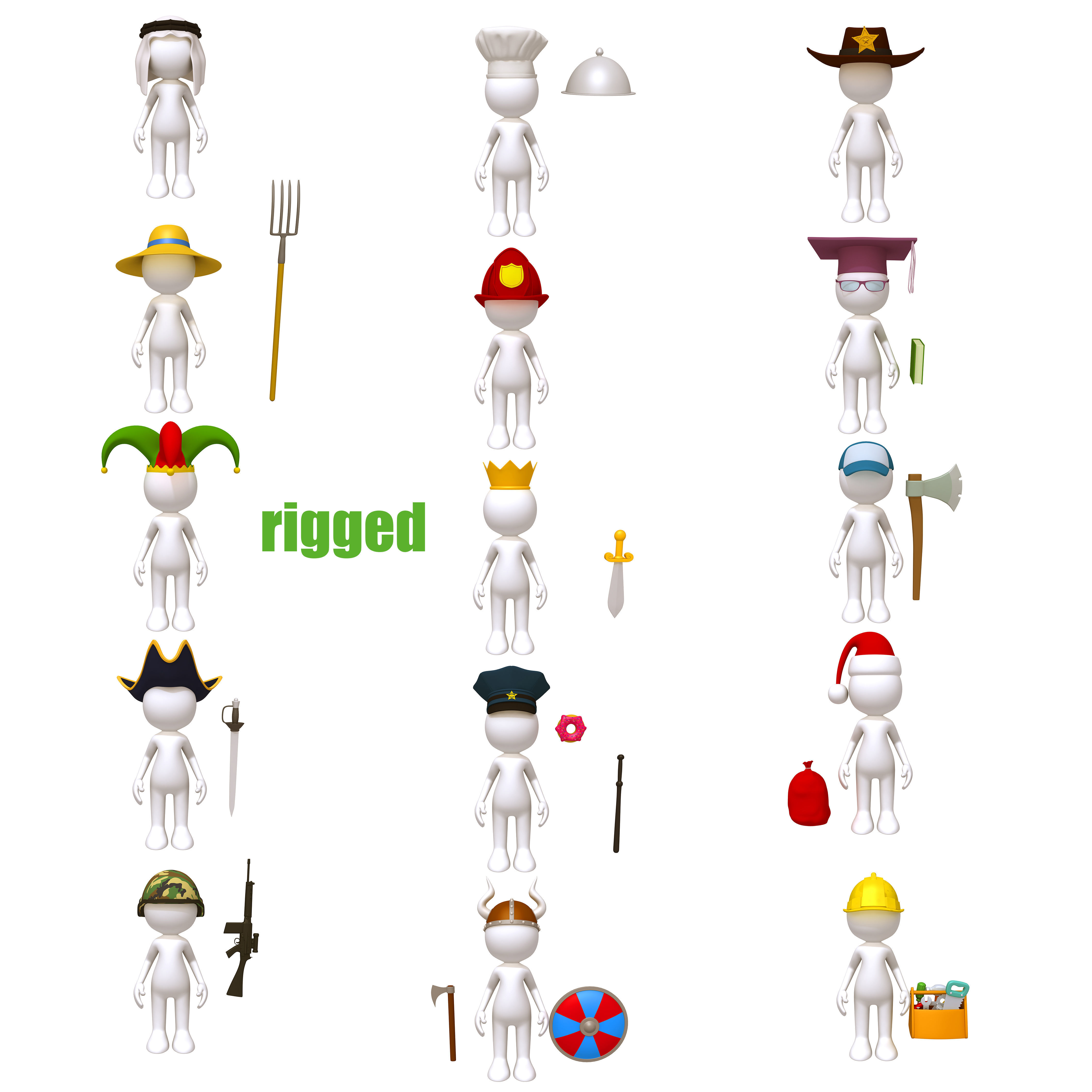 Stickman 15 Characters Collection Rigged 3D model_1