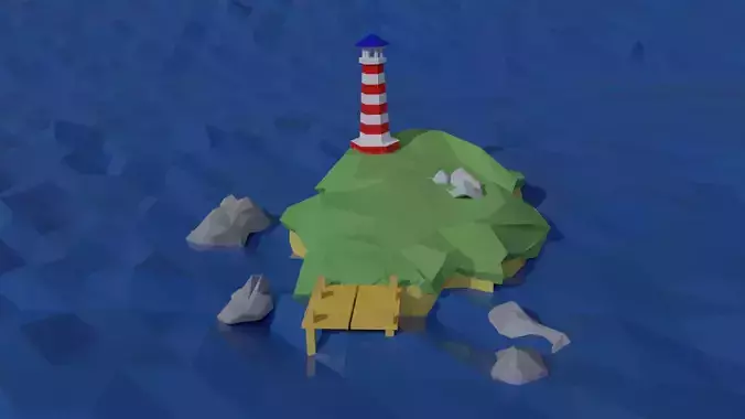 Low-poly Island polygonal lighthouse in ocean