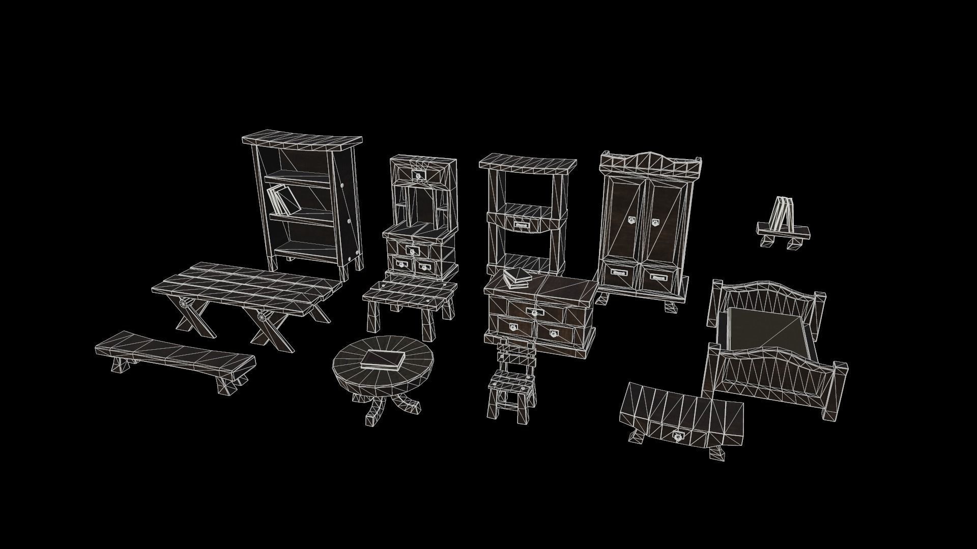 3d models of wooden furniture asset Low-poly 3D model_4