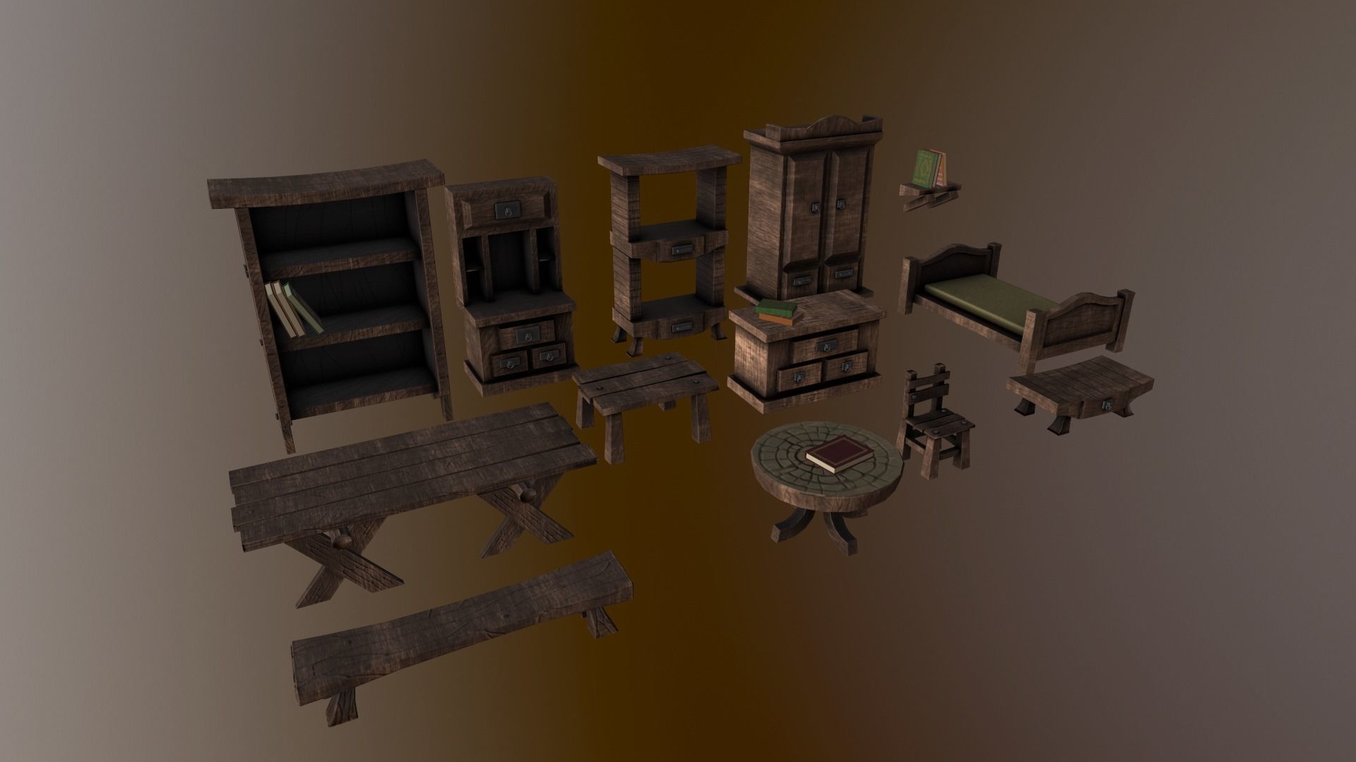 3d models of wooden furniture asset Low-poly 3D model_2