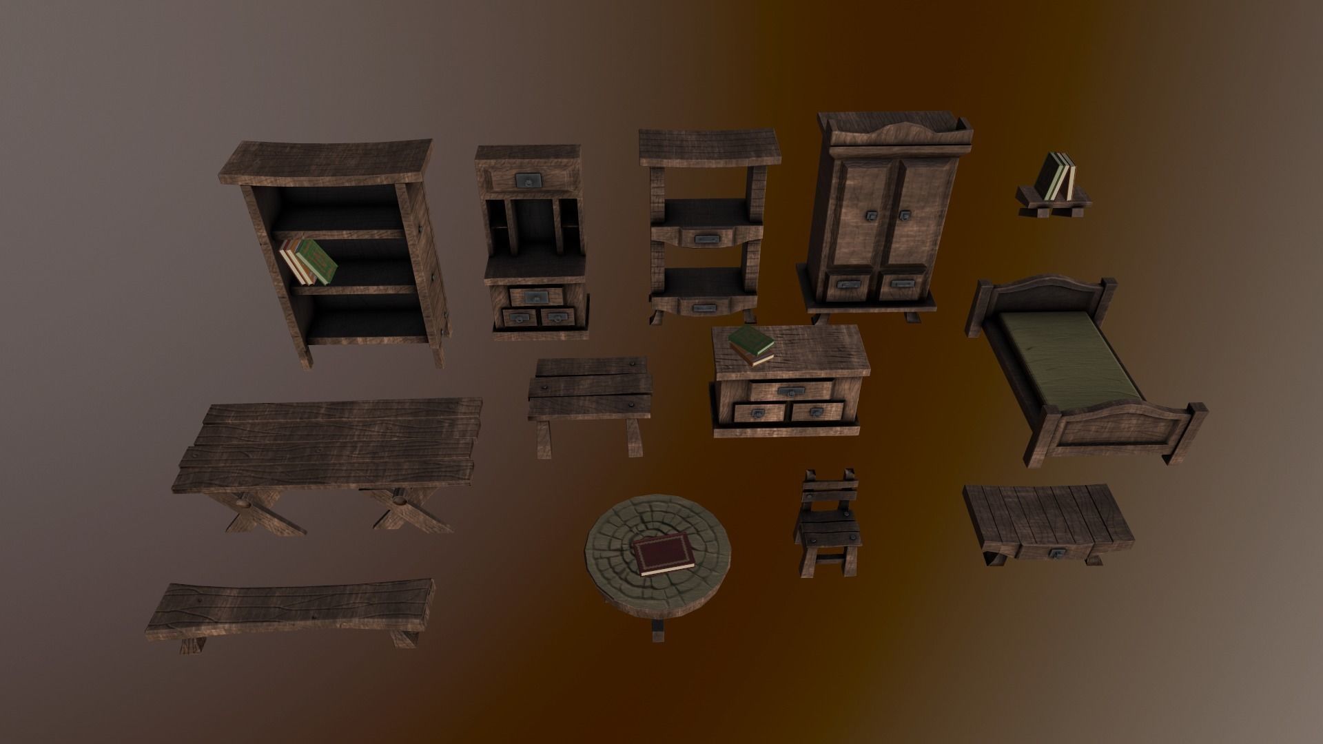 3d models of wooden furniture asset Low-poly 3D model_3