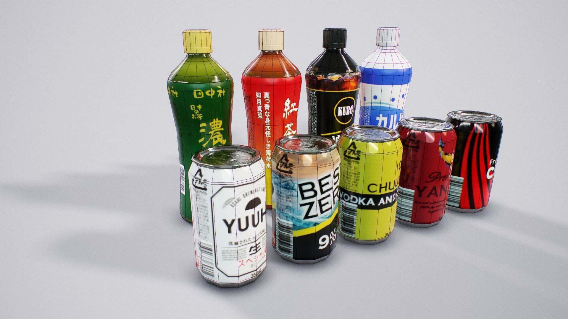 Japanese Drinks - Beer Tea Chuuhai Soda Low-poly 3D model_14