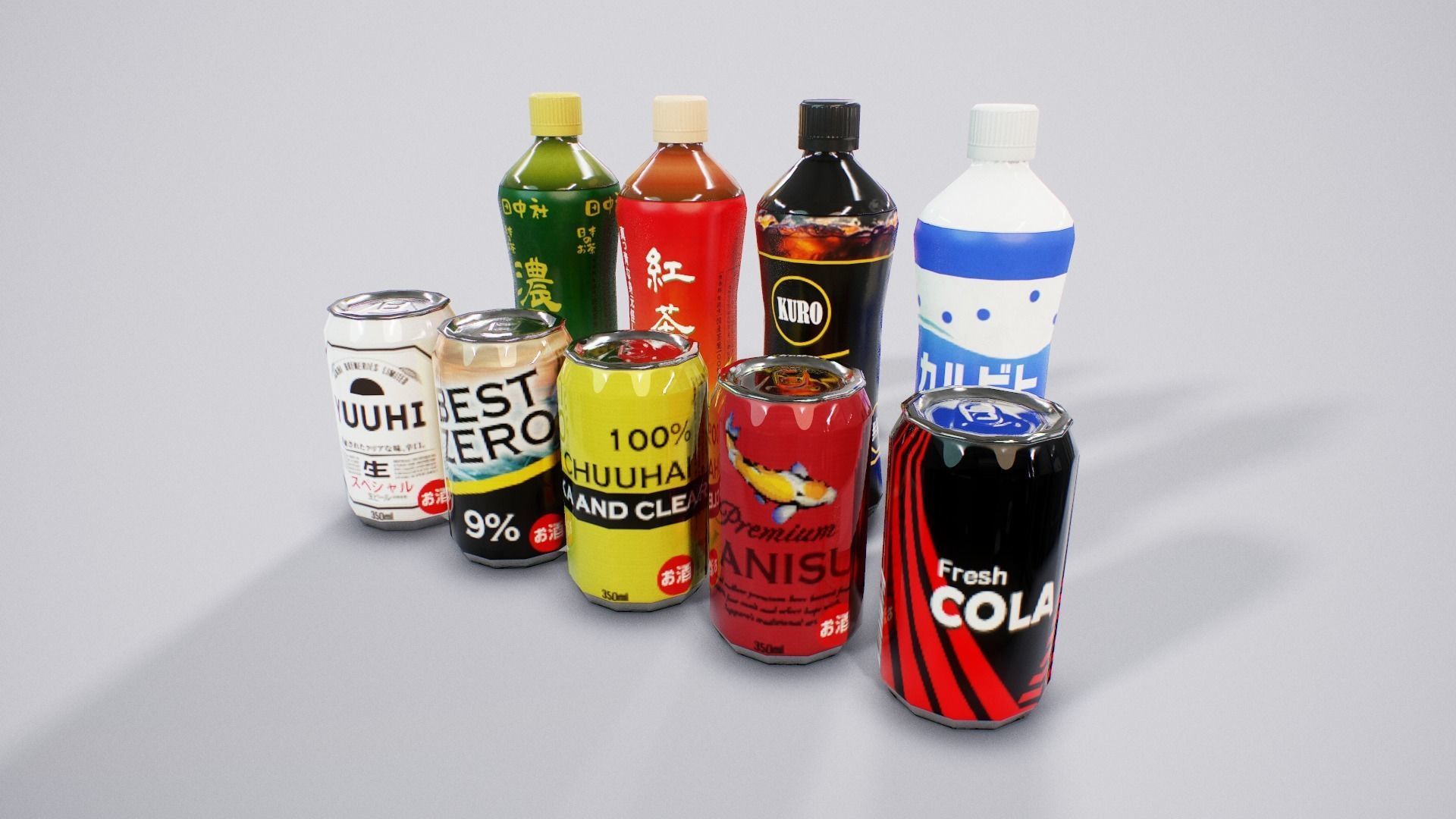 Japanese Drinks - Beer Tea Chuuhai Soda Low-poly 3D model_8