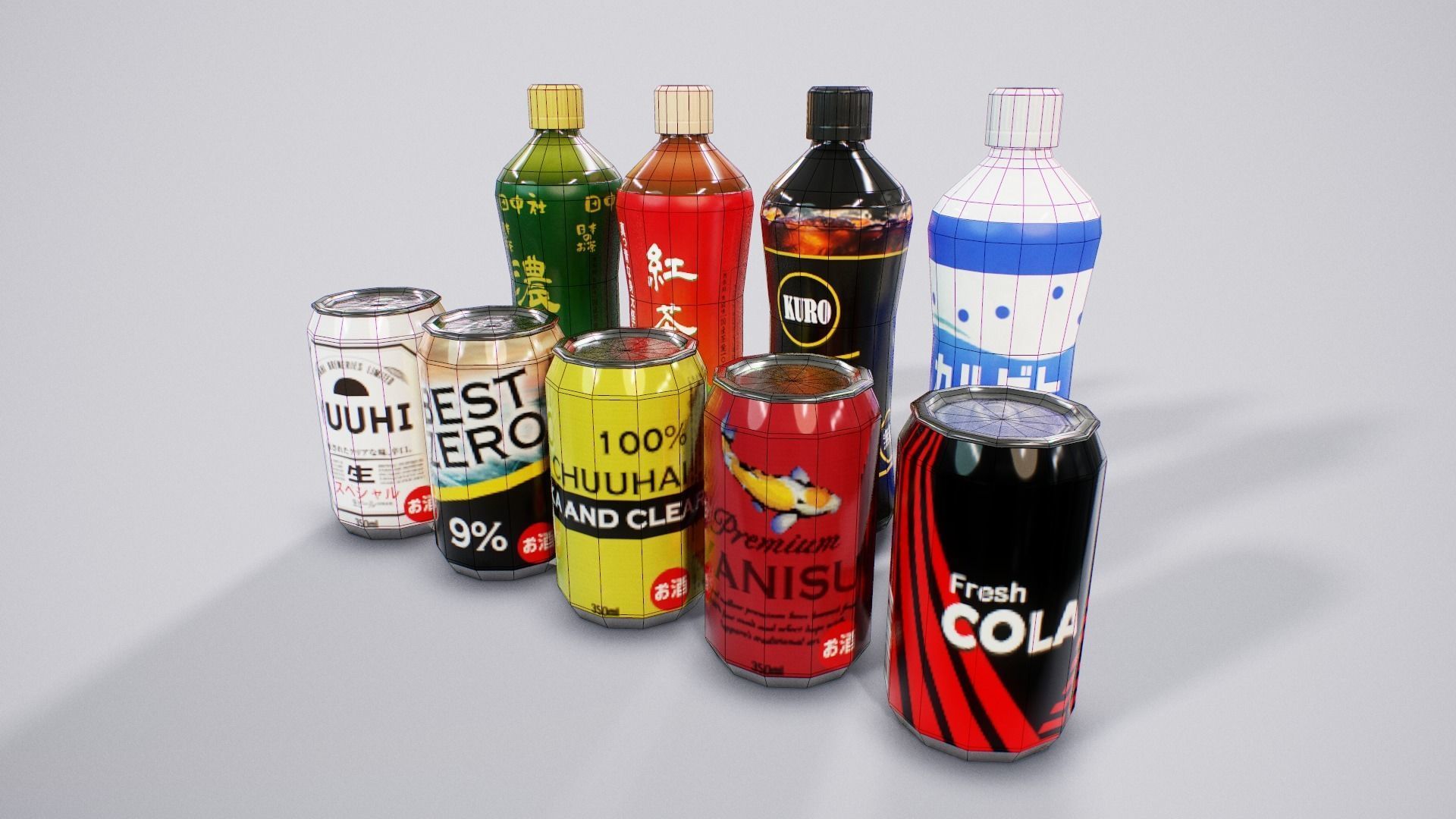 Japanese Drinks - Beer Tea Chuuhai Soda Low-poly 3D model_13