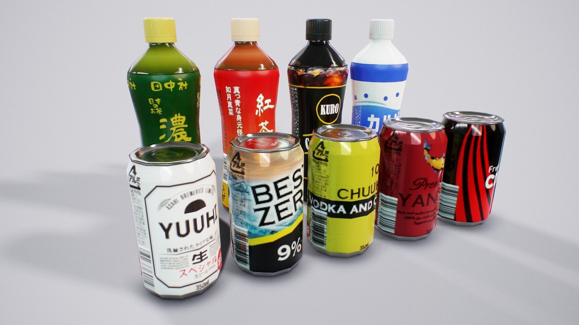 Japanese Drinks - Beer Tea Chuuhai Soda Low-poly 3D model_10