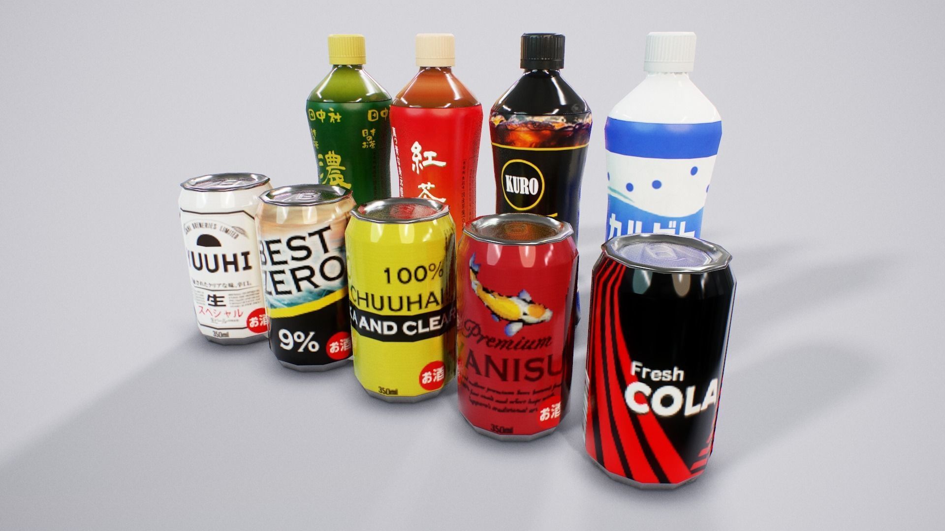 Japanese Drinks - Beer Tea Chuuhai Soda Low-poly 3D model_9