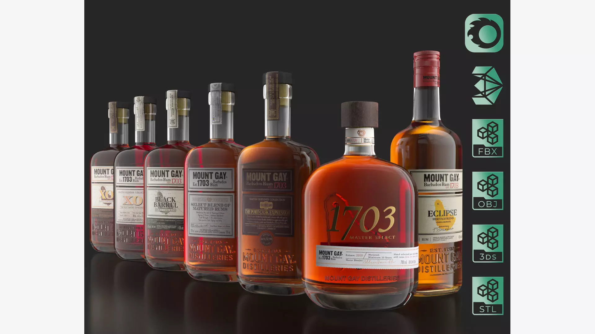 Mount Gay Barbados Rum Bottles Pack 02 Rebrand 3D model
