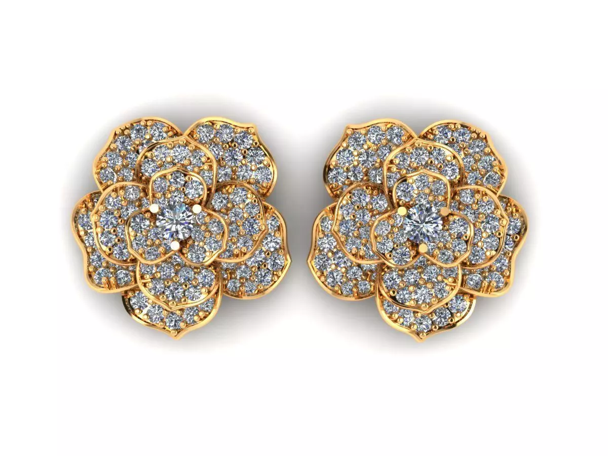 AI0001420E pair of gold flower stud earrings with diamonds 3D print model_0