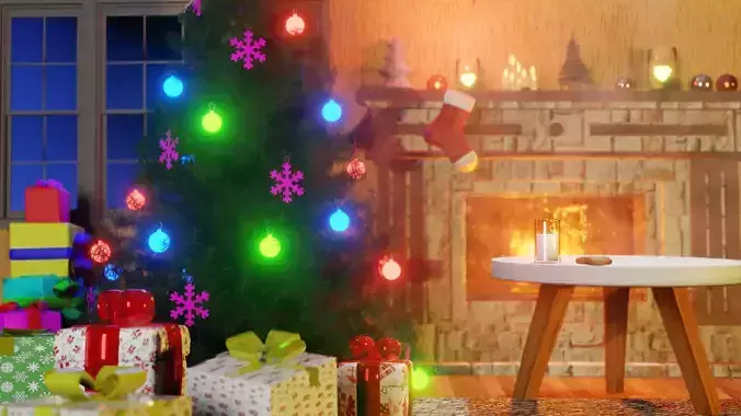 Chrisman Living Room with tree and fire place 