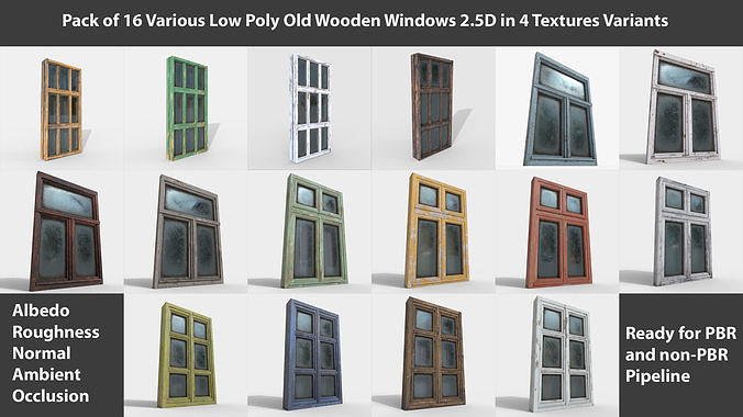 Pack of 4 Different Old Wooden Windows PBR Low-poly 3D model