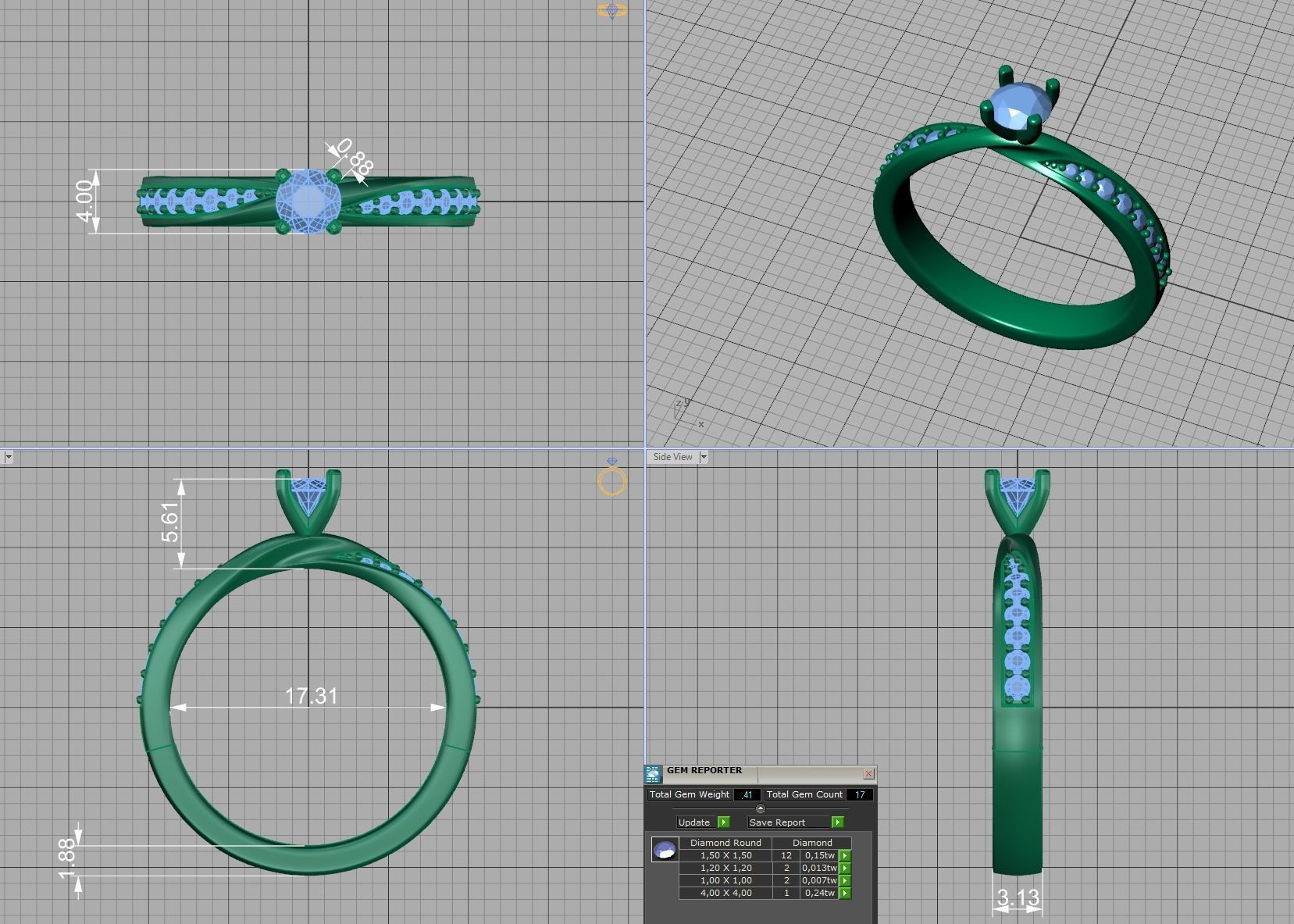 Mobius Engagement Diamond Ring Four Claw design 4mm Stone 3D print model_15