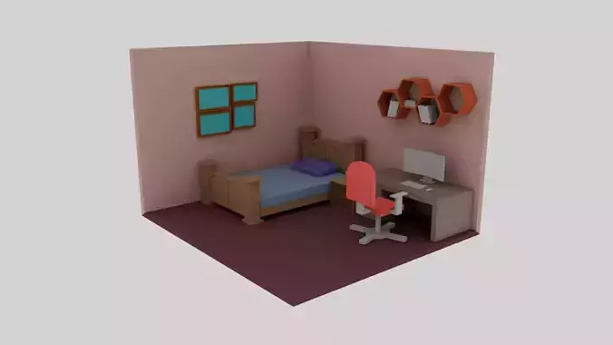 3D Low-Poly bedroom scene