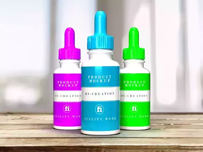 Bottle three bottles of cbd oil on wooden table 3D model
