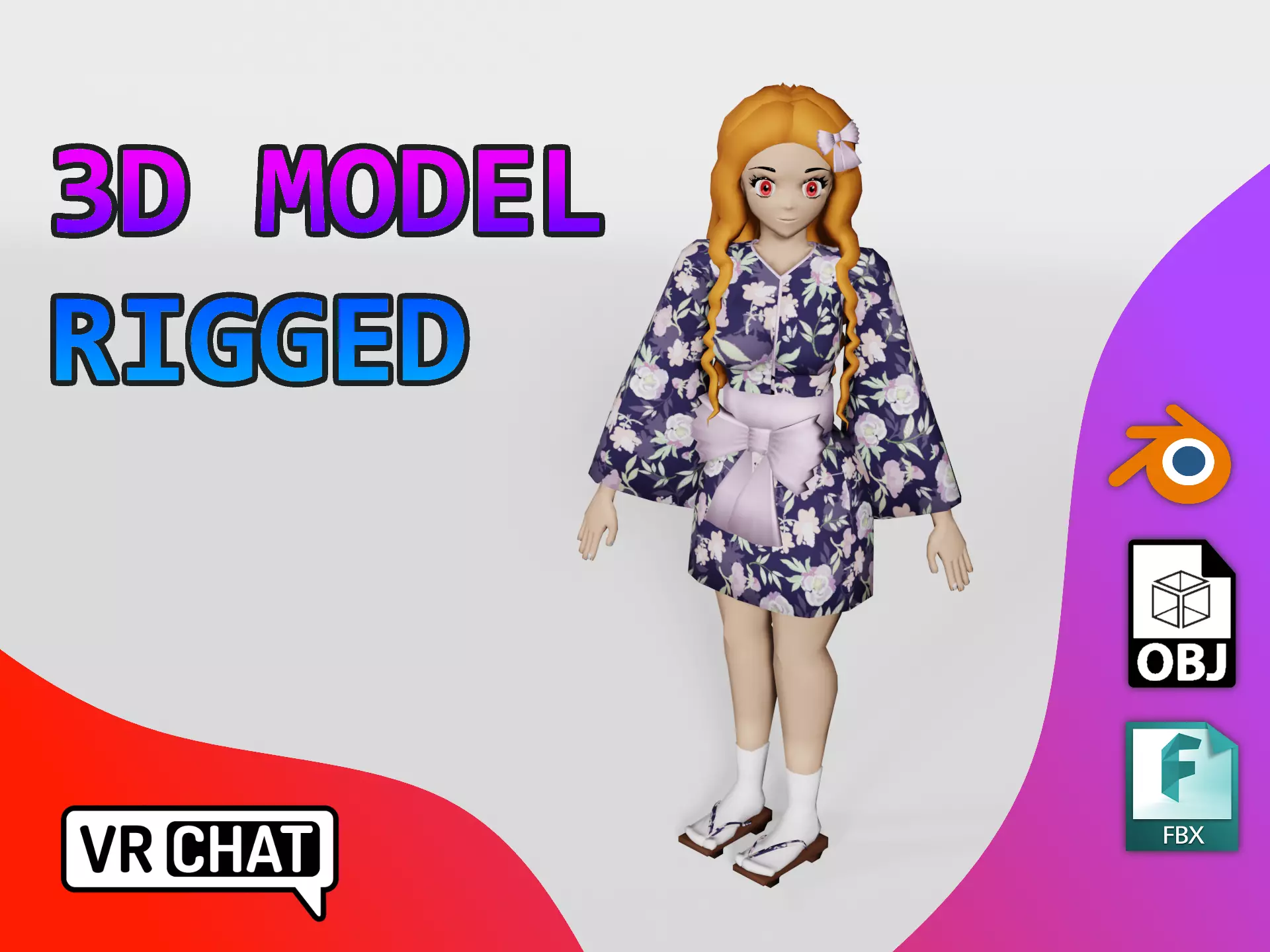 Vrchat character - Kimono Anime Girl Low-poly 3D model