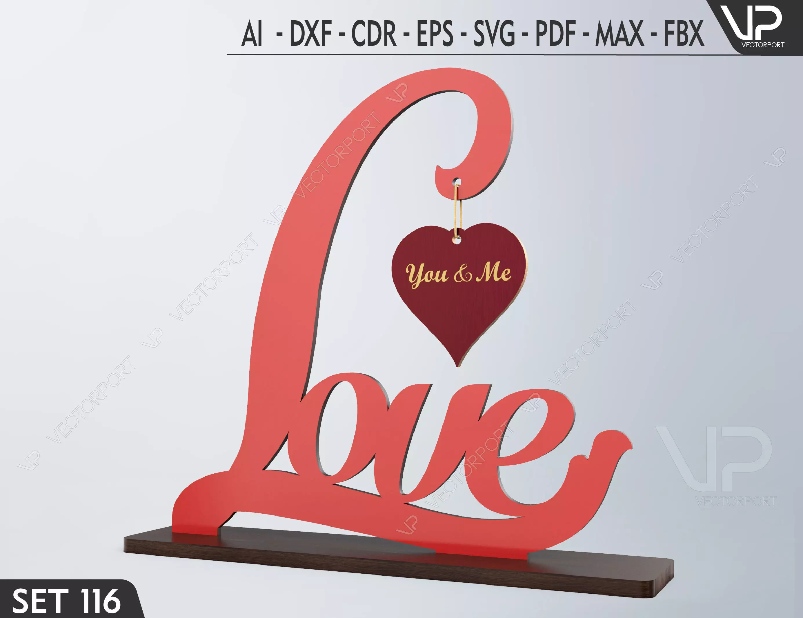 Love Text with Heart You and Me Wooden Set 116 3D model_0