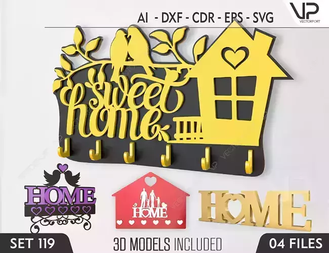 Laser Cut Key Holder Wall Mounted Decorative Hanger Set 119