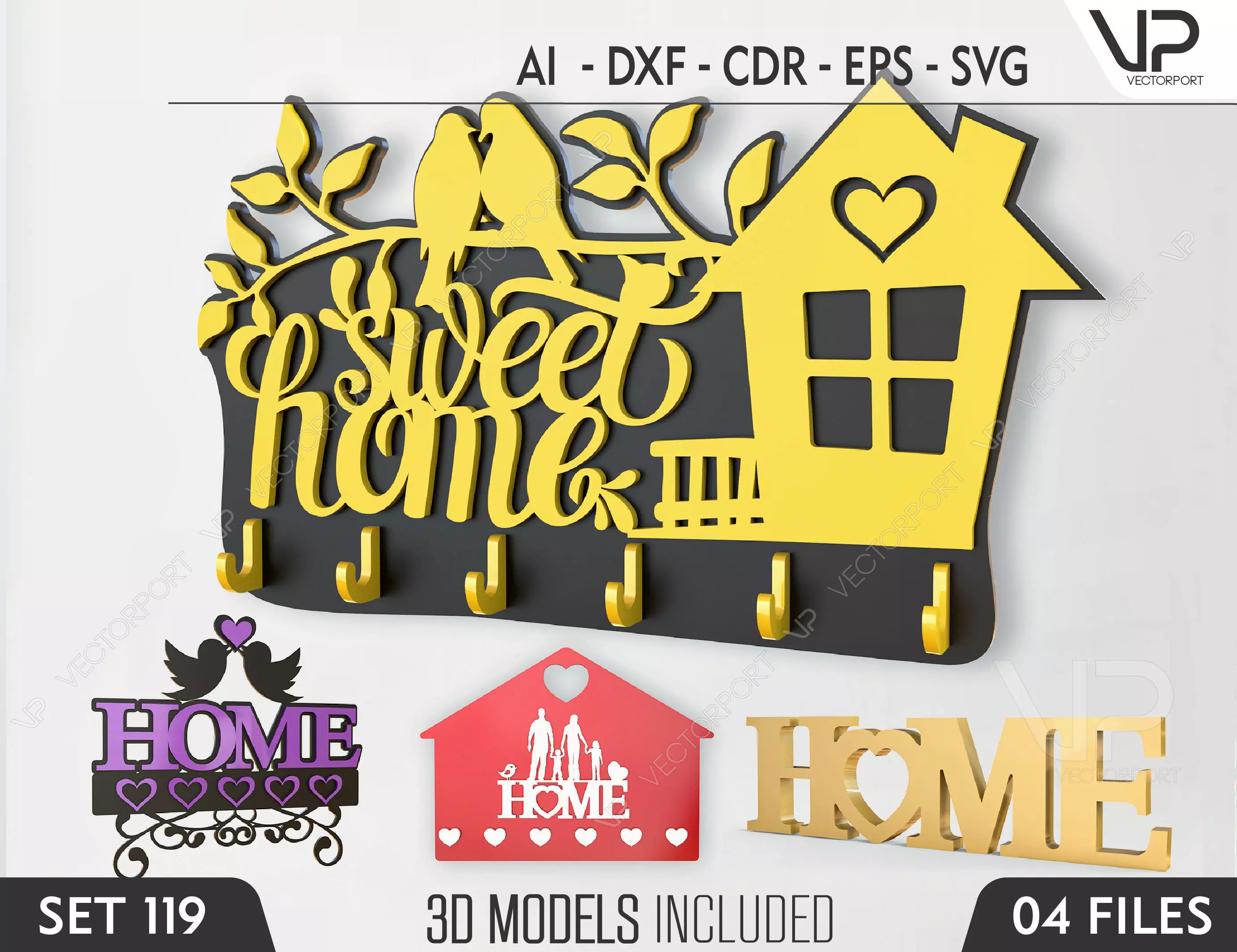 Laser Cut Key Holder Wall Mounted Decorative Hanger Set 119 3D model_0