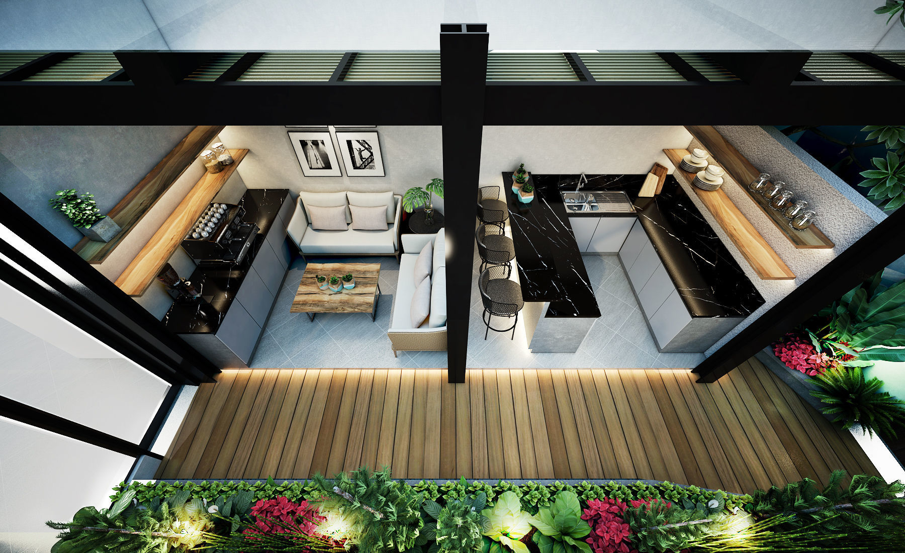 Outdoor modern living room with furniture and plants 3D model_3