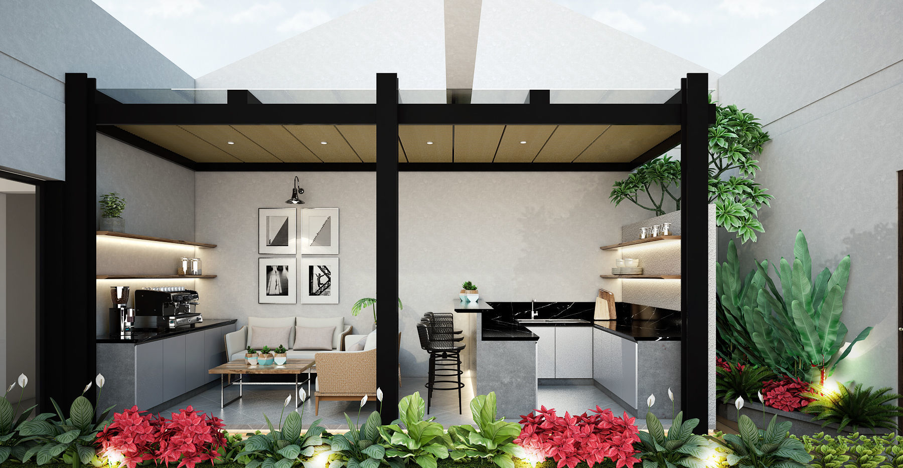 Outdoor modern living room with furniture and plants 3D model_2