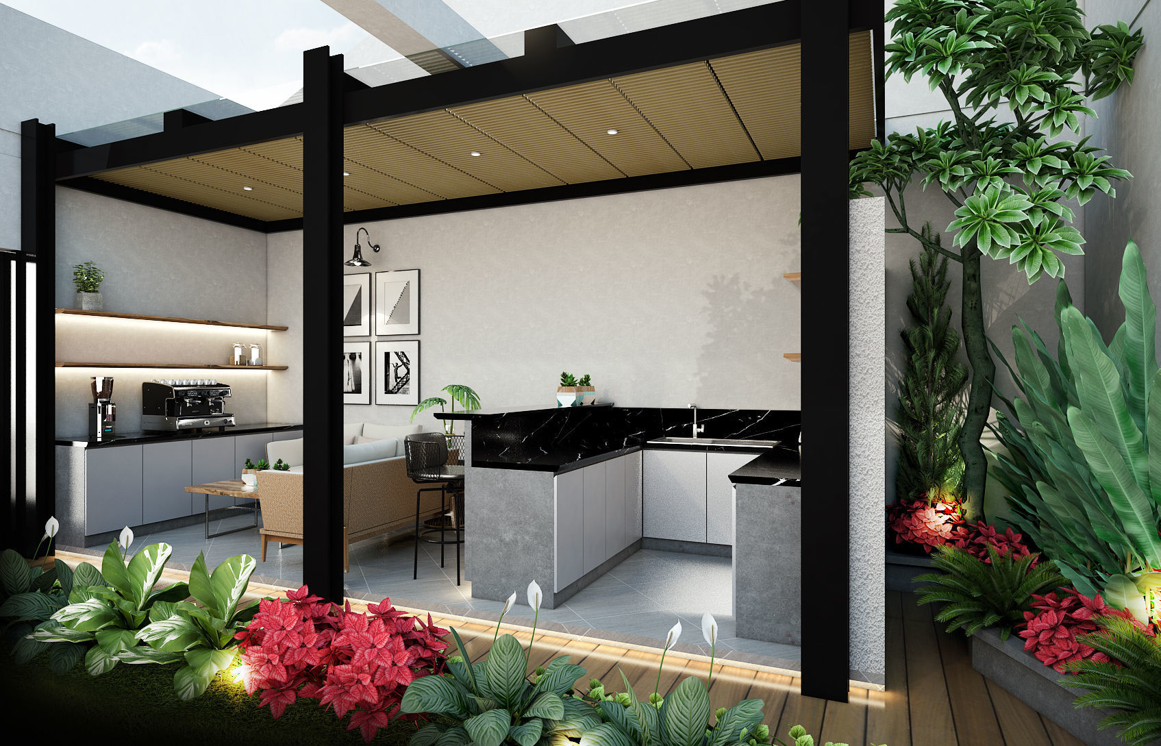 Outdoor modern living room with furniture and plants 3D model_1