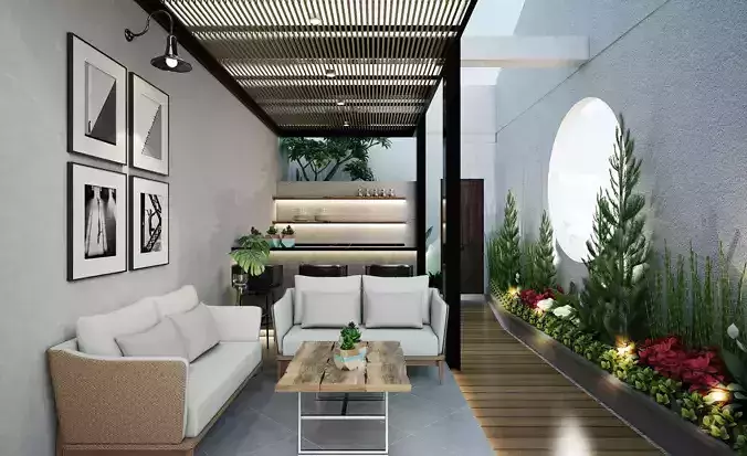 Outdoor modern living room with furniture and plants