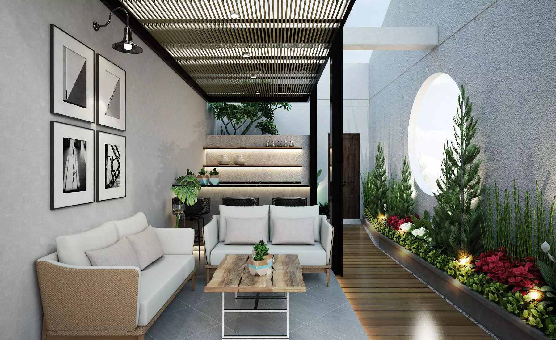 Outdoor modern living room with furniture and plants 3D model_0