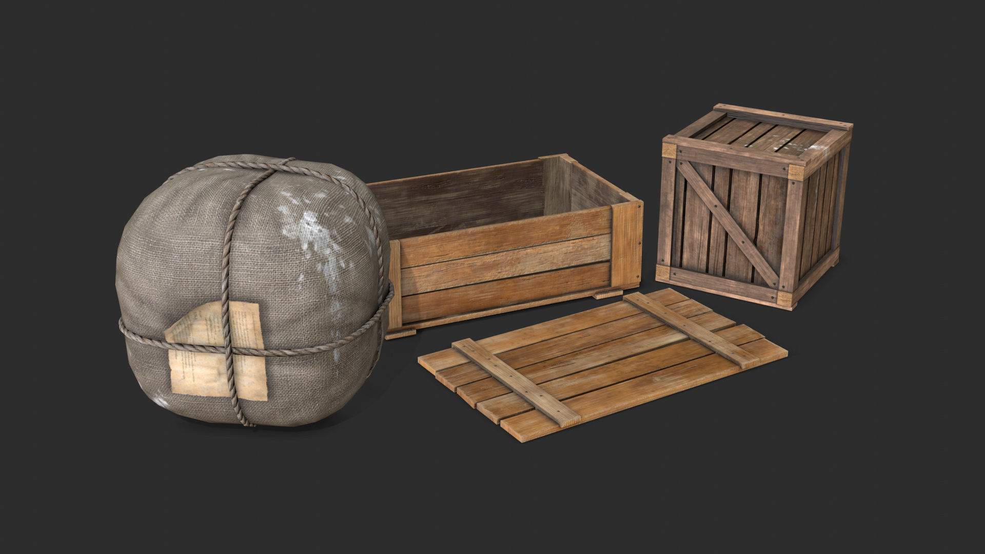 Old Bag and Crates Low-poly 3D model_1