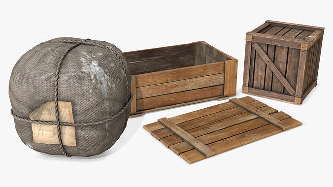 Old Bag and Crates Low-poly 3D model