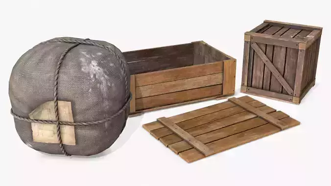 Old Bag and Crates Low-poly 3D model