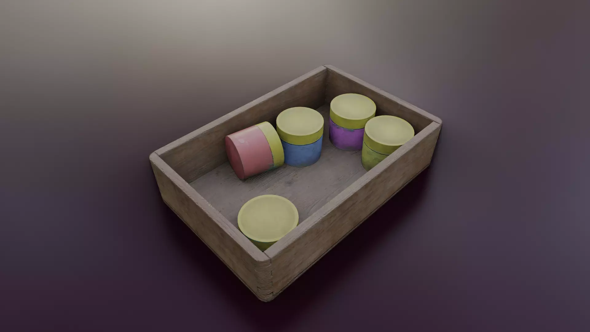 Old Wooden box with some tiny paint bucket Low-poly 3D model