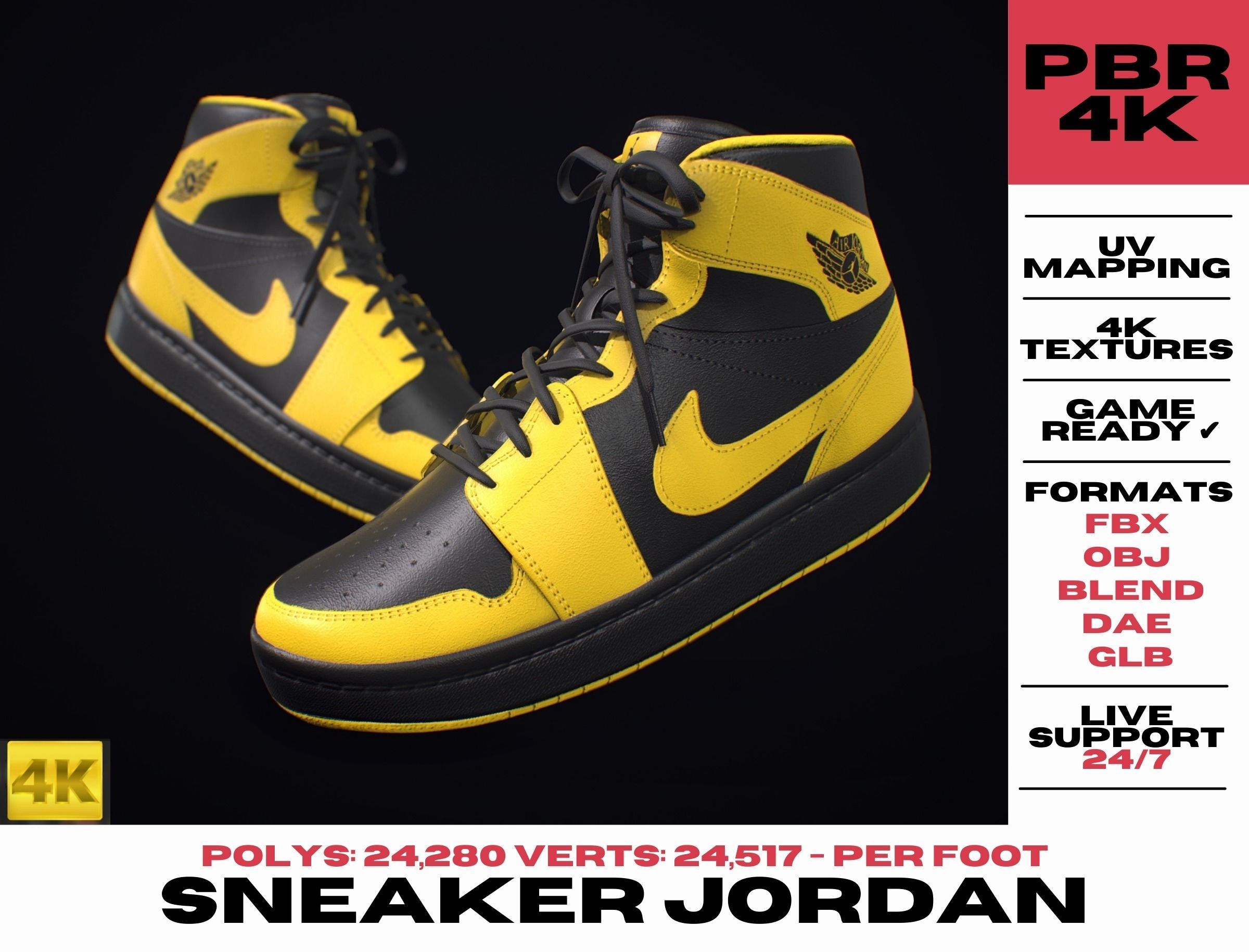  Nike Air Jordan Yellow Black Low-poly 3D model_2