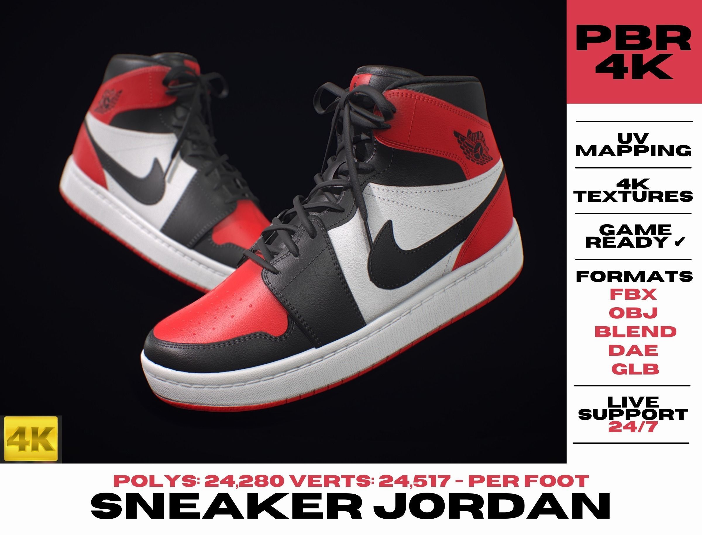 Nike Air Jordan Red White Low-poly 3D model_2