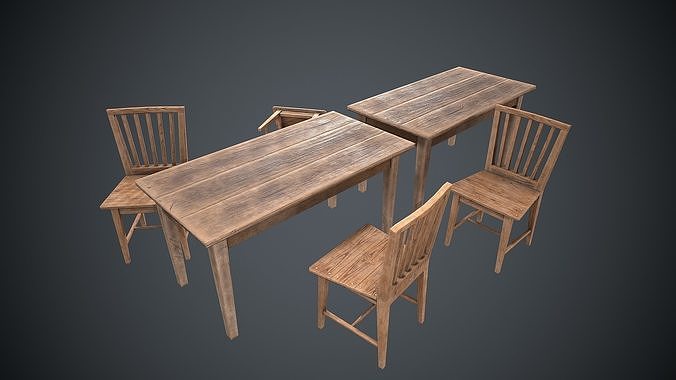 Chair and Table Wooden PBR Low-poly 3D model