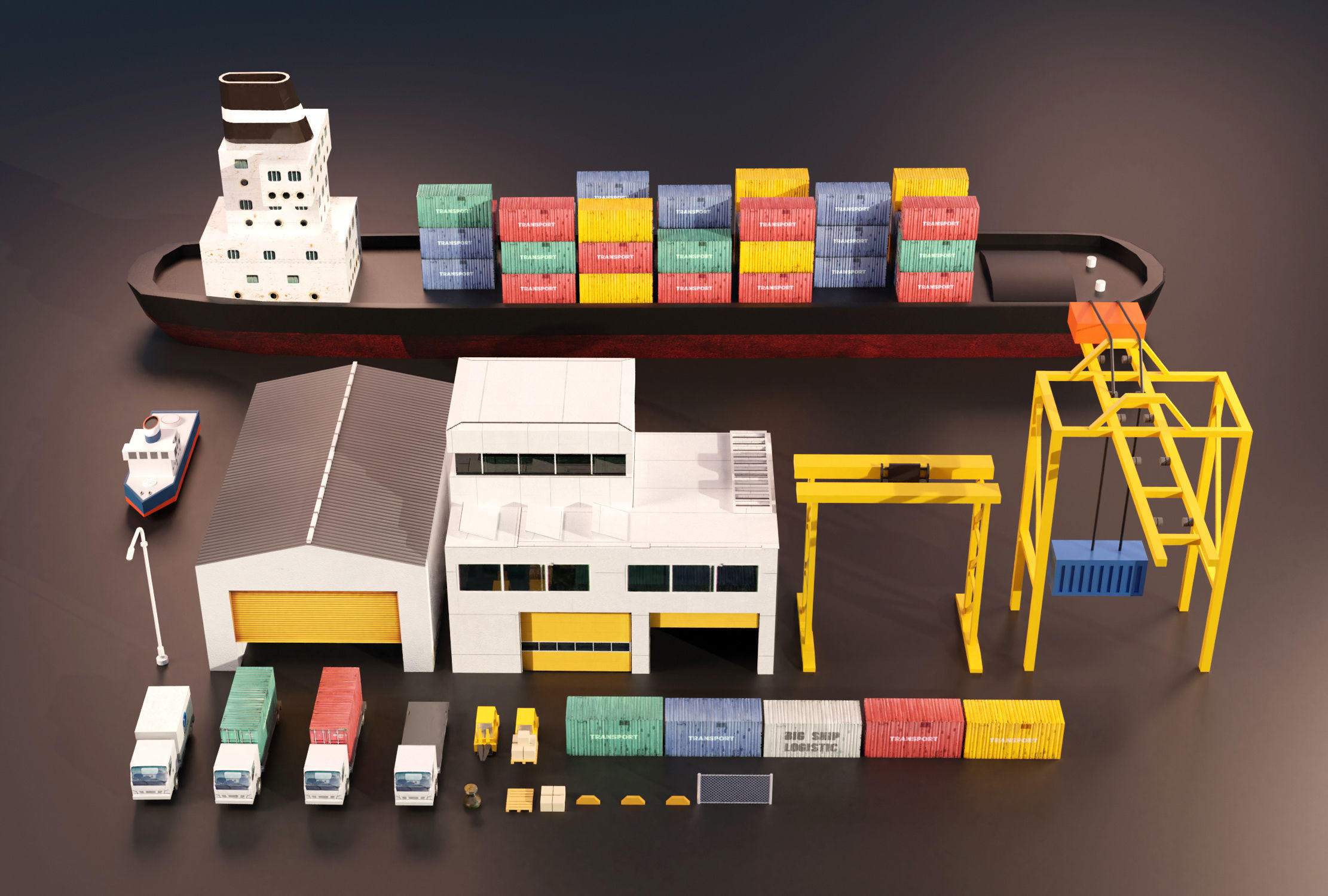 Realistic isometric cargo port scene free VR / AR / low-poly 3D model ...