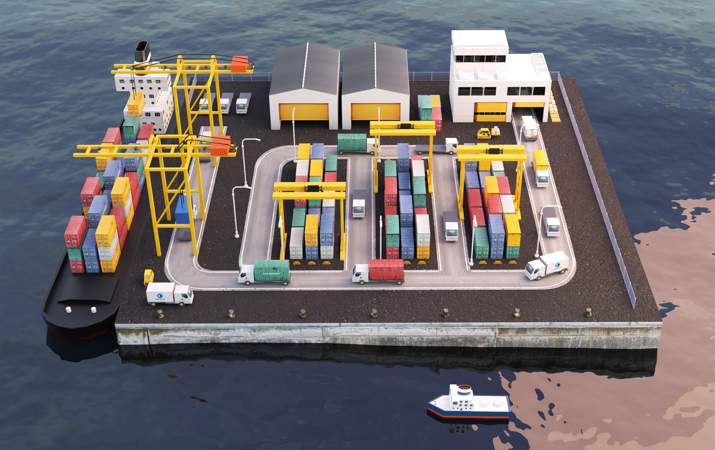 Realistic isometric cargo port scene free VR / AR / low-poly 3D model ...
