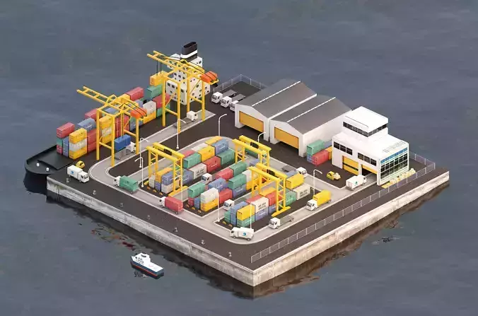 Realistic isometric cargo port scene Free low-poly 3D model