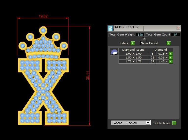 Alphabet Letter X Pendant with crown cad design 3D model_1