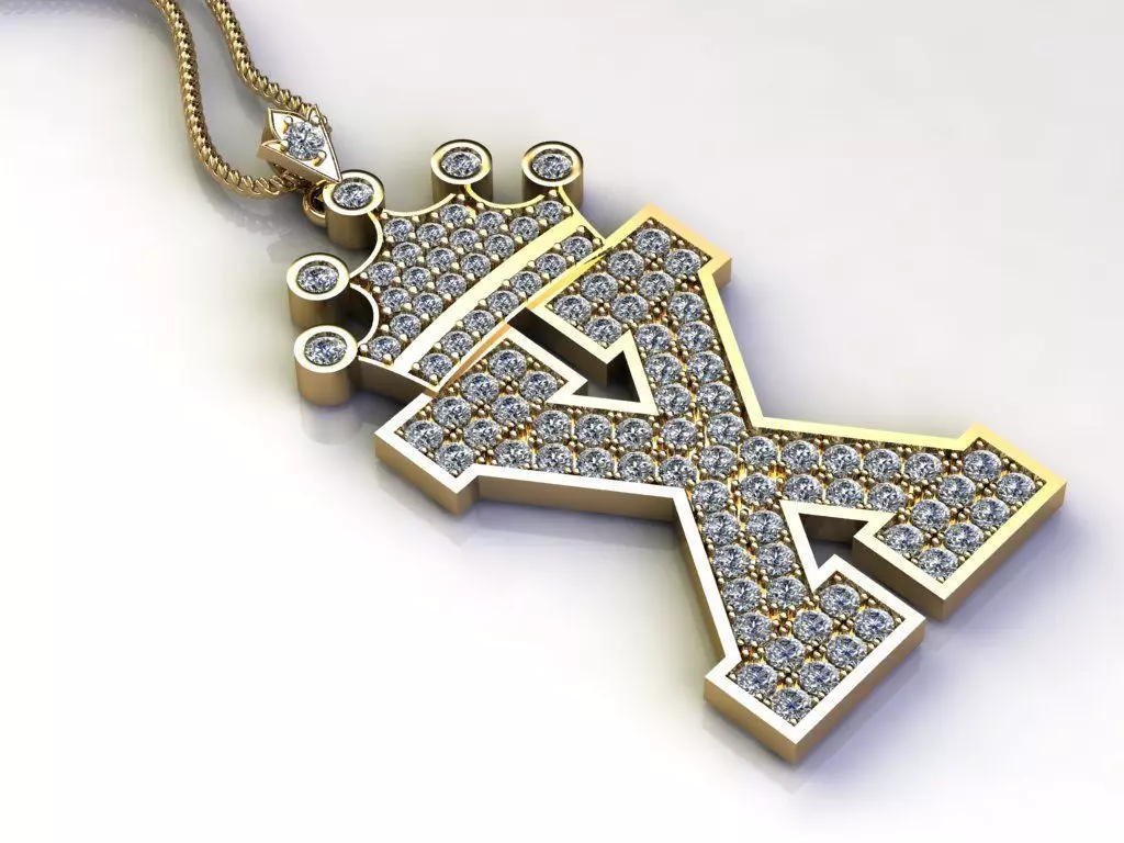 Alphabet Letter X Pendant with crown cad design 3D model_0