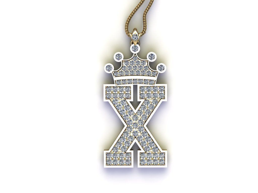 Alphabet Letter X Pendant with crown cad design 3D model_2
