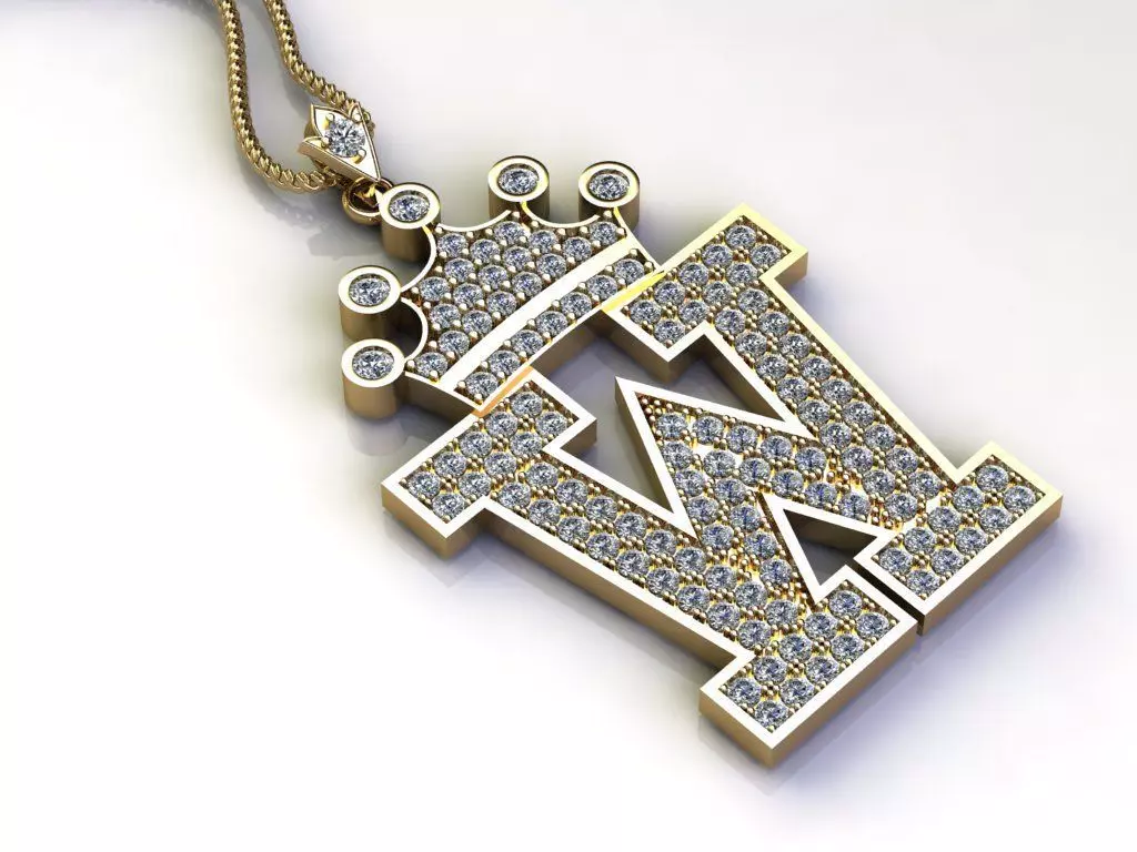 Alphabet Letter W Pendant with crown cad design 3D model_0
